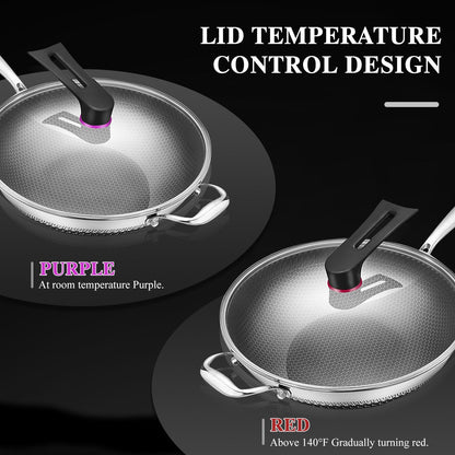 Wok pan,Hybrid 13 inch Wok with Lid, PFOA Free Cookware,non stick Stainless Steel Woks & Stir-fry pans Nonstick