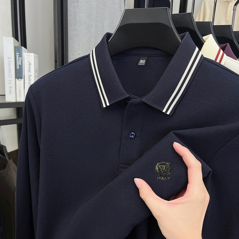 100Cotton Luxury Quality Men's Polo Shirt Striped Collar Breathable V-Print Long Sleeve Autumn Lapel T-Shirt Business Menswear