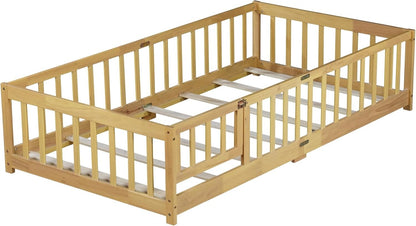 Cama de Chão Tamanho Solteiro para Crianças, Meninas, Meninos, Cama de Chão de Madeira de Borracha com Estrado e Porta/Grades/Cerca, Natural