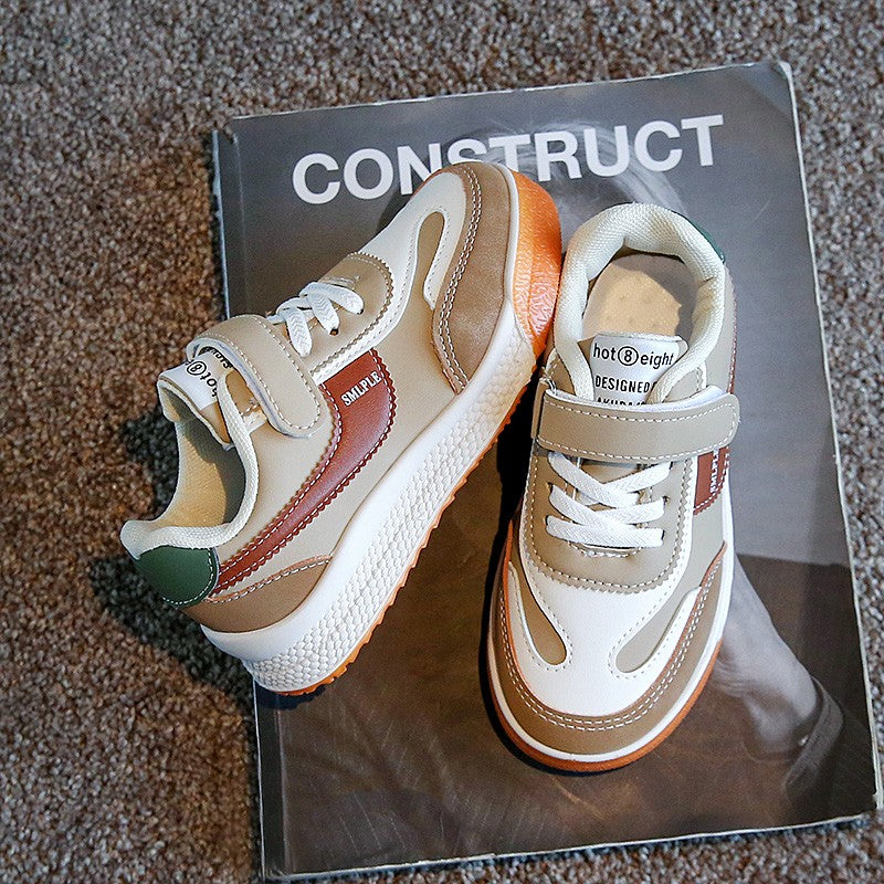 Children's Spring New Leather Upper Sneakers Middle Large Children's Casual Shoes Boys and Girls Soft Sole Students Tennis Shoes