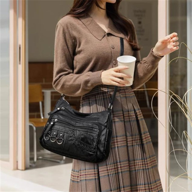 Vintage PU Crossbody Bag, Retro Multi Layer Shoulder Bag, Women's Fashion Handbag & Purse, Female Work Travel Messenger Bag