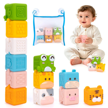 Brinquedos de blocos de montar de silicone macio para bebês Cubo 3D de animais brinquedos de empilhar Brinquedos sensoriais educativos Montessori para bebês Brinquedos de banho
