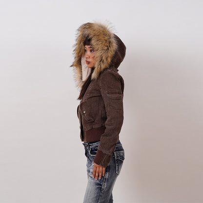 Vintage Brown Short Hooded Jacket Women's Full Sleeve Slim Detachable Fur Collar 2025 NEW Winter  Autumn Female Outerwear