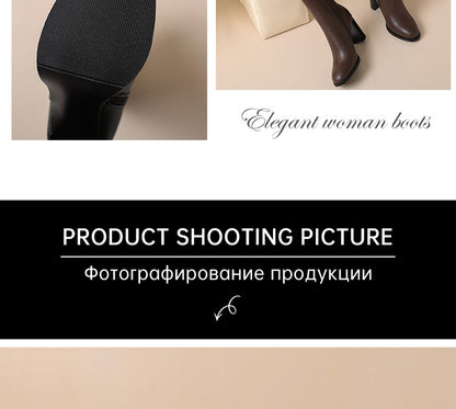 Ods Soft Cow Leather Black Knee High Boots Chunky Mid Heels Zipper Women's Long Boot Big Size Luxury Designer Sexy Shoes 4143 46