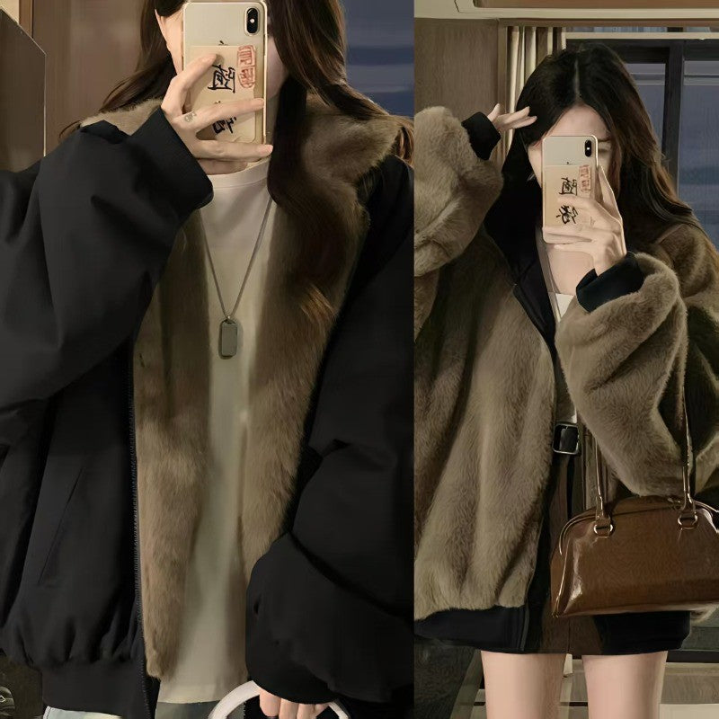 American Retro Reversible Velvet Zipper Hooded Jacket Women Winter Fashion Street Thick Loose Warm Harajuku Casual Plush Jacket