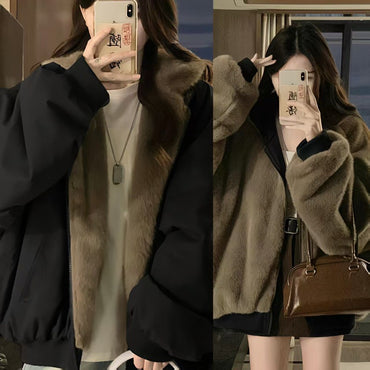 American Retro Reversible Velvet Zipper Hooded Jacket Women Winter Fashion Street Thick Loose Warm Harajuku Casual Plush Jacket