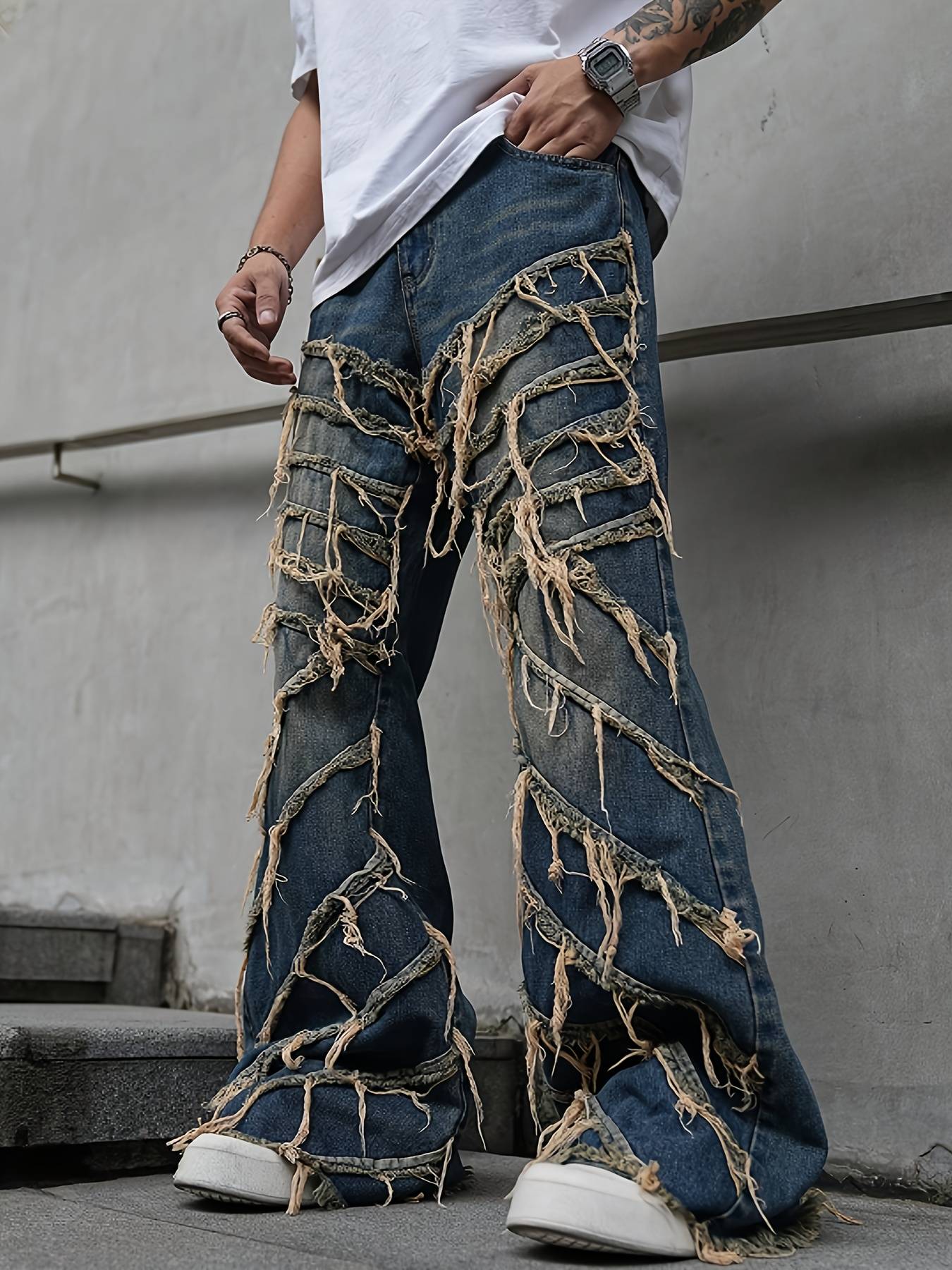 Men's jeans casual style jeans street fringe denim pants