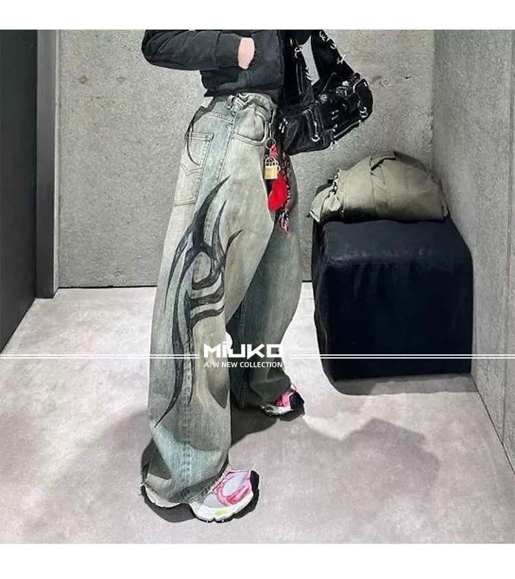 MIJKO New Retro Dragon Pattern Totem Print Bamboo Baggy Drawstring Washed Jeans For Men Women Denim Pants ZJ083