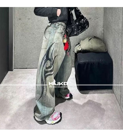 MIJKO New Retro Dragon Pattern Totem Print Bamboo Baggy Drawstring Washed Jeans For Men Women Denim Pants ZJ083