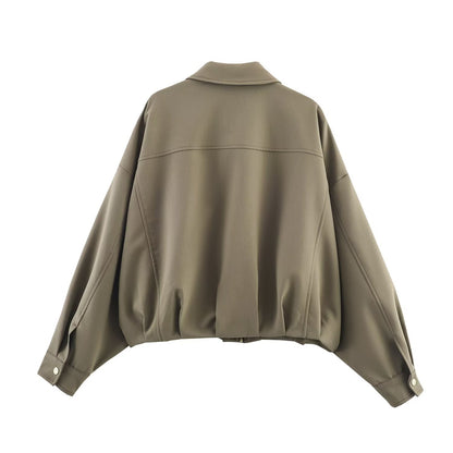 HH Woman Autumn Pleat Hem Pilot Jacket Solid Turn-Down Collar Zipper Single-Breasted Woman Fashion Long-Sleeved Pockets Coat