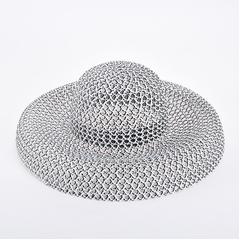 Chapéu de palha de verão PP preto e branco, chapéu de sol, protetor solar, férias, praia, abas largas, chapéu de sol de verão