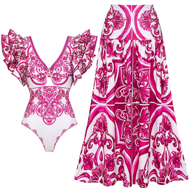 Flaxmaker Classic Women Sexy Bikini Sets Long Sleeves Majolica Series Pattern Print One Piece Swimsuit Skirt Biquini Beachwear