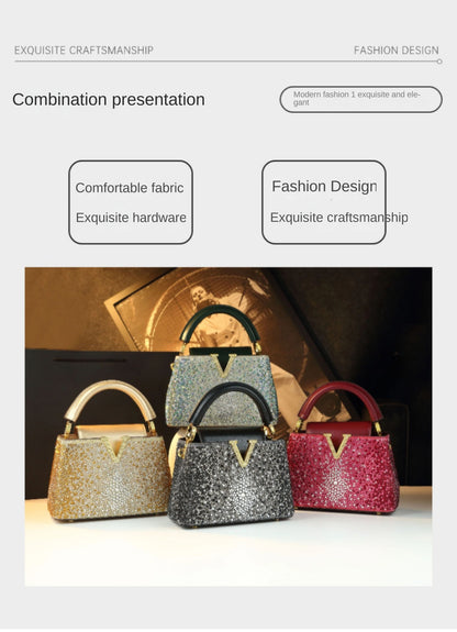 Luxury Fashion Diamonds Women's Handbags 2025 New V Letter Small Shoulder Crossbody Bag Genuine Leather Messenger Shell Bags