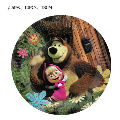Masha and The Bear Theme Birthday Party Supplies Girls Masha Tableware Set Balloons Plates Cups for Kids Party Baby Shower Decor