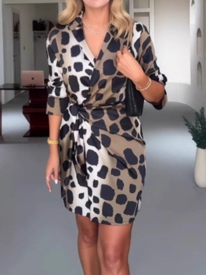 New V-neck Print Fashion Shirt Women's Dress Spring Summer Elegant Casual Leopard Mini Party Dresses For Women Robe Femme
