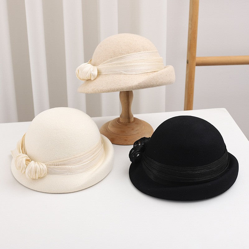Women French Wool Beret Autumn Winter Fashion Retro Bow Knot Lady Cloche Hat Casual Travel Gift