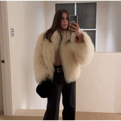 Fashion Solid Plush Faux Fur Coat Women Elegant Warm Long Sleeves Loose Jacket 2025 Lady Winter Chic High Street Outerwear ?
