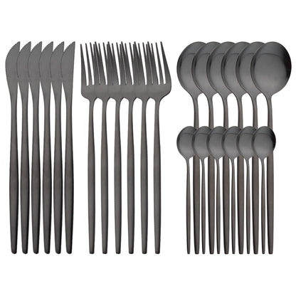 Conjunto de Talheres 24 Peças Preto Fosco em Aço Inoxidável para Cozinha, Faqueiro de Bife, Garfo, Colher, Louça de Mesa