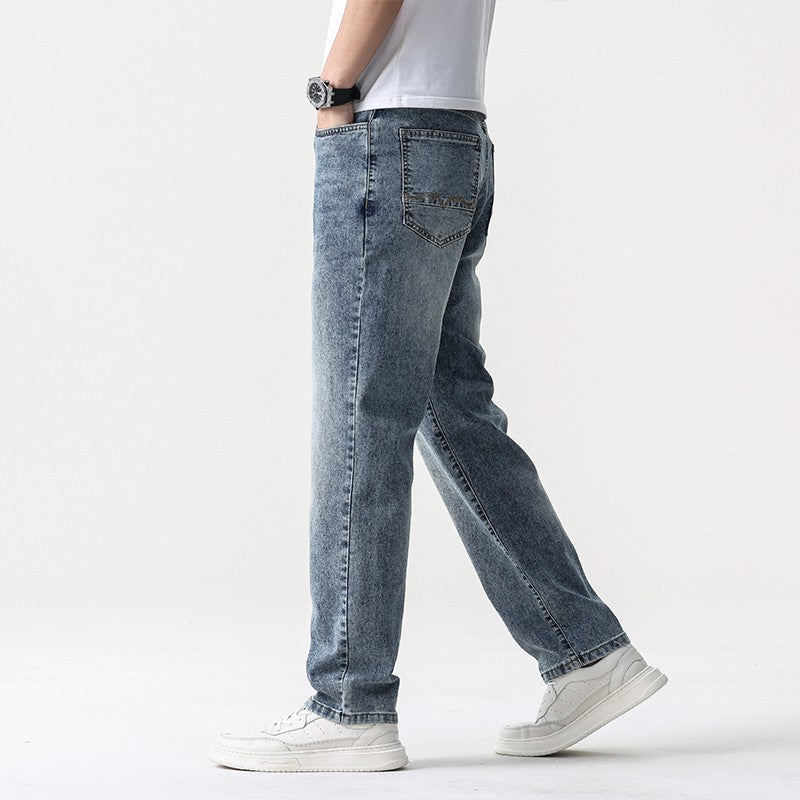 Calça Jeans Masculina Clássica Solta Reta Wide Leg de Sarja Lavada de Alta Qualidade Masculina Fina Fresca Elástica Masculina Casual de Caimento Regular