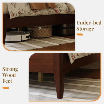 Wood Queen Bed Frame with Headboard, Mid-Century Modern Solid Wood Platform Bed with Solid Wood Legs & Wooden Slat Support, Stur