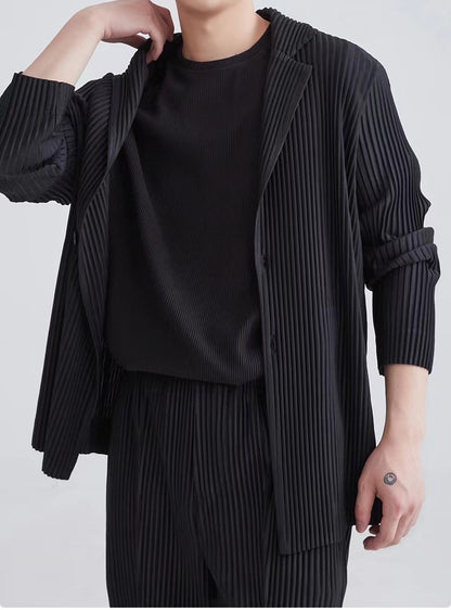 Miyake New 2025 Spring Suit Long Sleeve Pleated Pleated Men's Jacket Lapel Pleated Solid Color Fashion Loose Plisse Casual Top