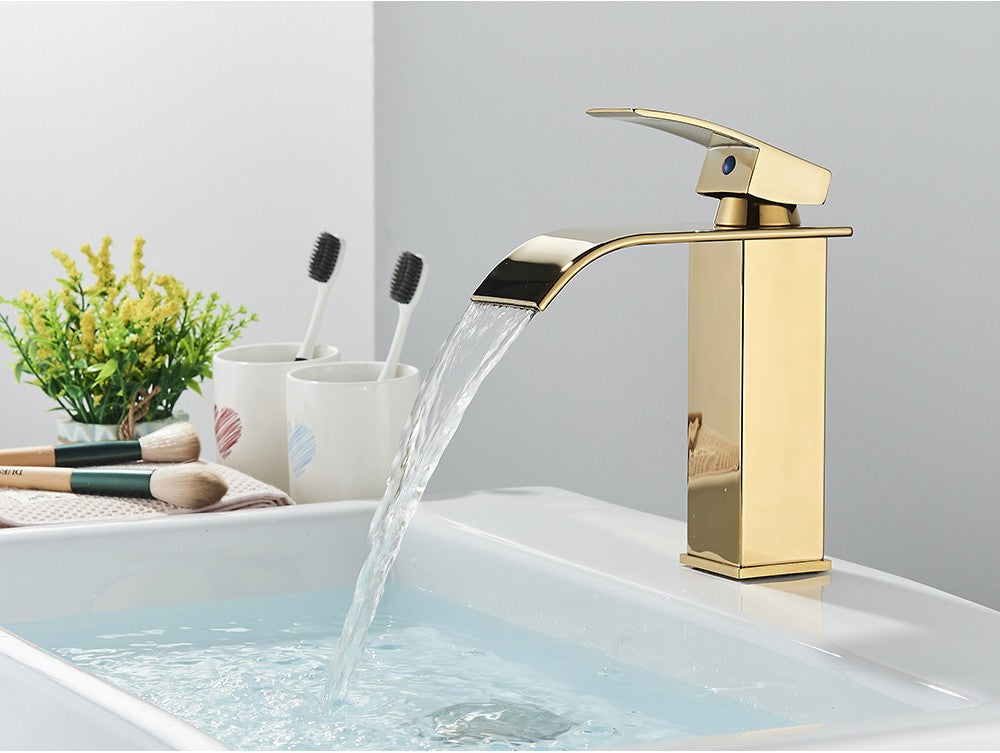 Brushed Golden Basin Faucets Elegant Waterfall Bathroom Sink Faucet Single Lever Hole Deck Mount Brass  Mixer Taps