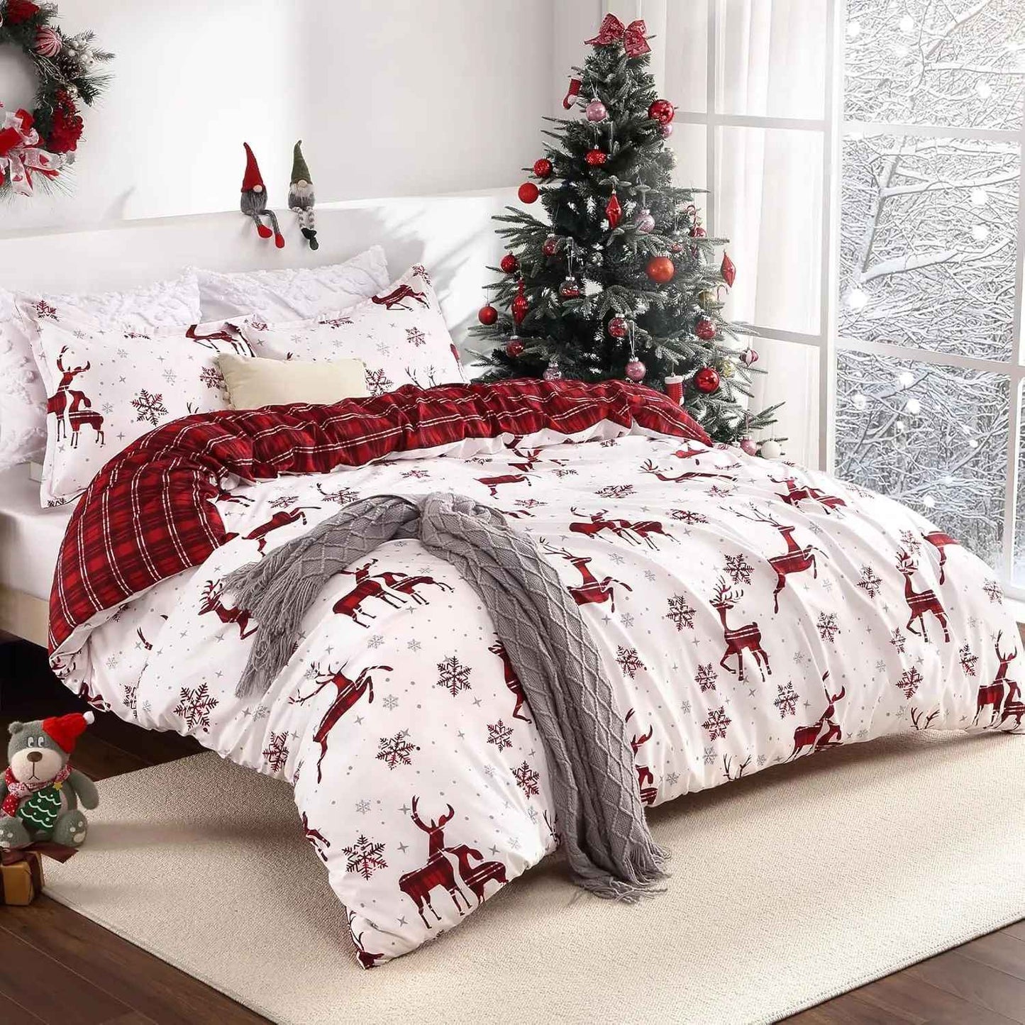 Merry Christmas Duvet Cover Christmas Elk Snowflakes Red Bedding Set Happy New Year Quilt Cover Holiday Gifts Bedroom Decoration