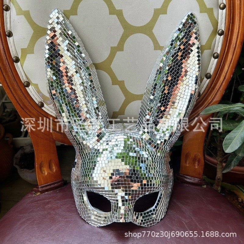 Disco Mirror Bunny Mask Sparkling Costume Accessory For Women Teens Halloween Party Rave Cosplay Glam Sexy Club Night Photo Prop