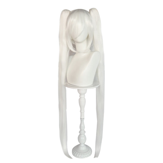 Synthetic Long Straight White Wig Cosplay Double Ponytail with Bangs Wig Heat Resistant Fiber Wigs Suitable for Cosplay Party