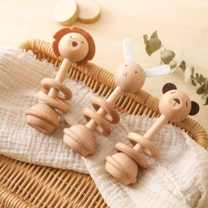 Baby Wooden Montessori Toys Cartoon Animal Rabbit Crocodile Blocks Rattle Puzzle Game Wooden Ring Newborn Rattle Teethering Toys