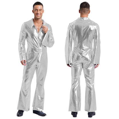 Men Bell Bottom Pants Jumpsuit Rompers Vintage 80s Disco Hippie Costume for Rock Jazz Dancewear Musical Theme Party Dress-up