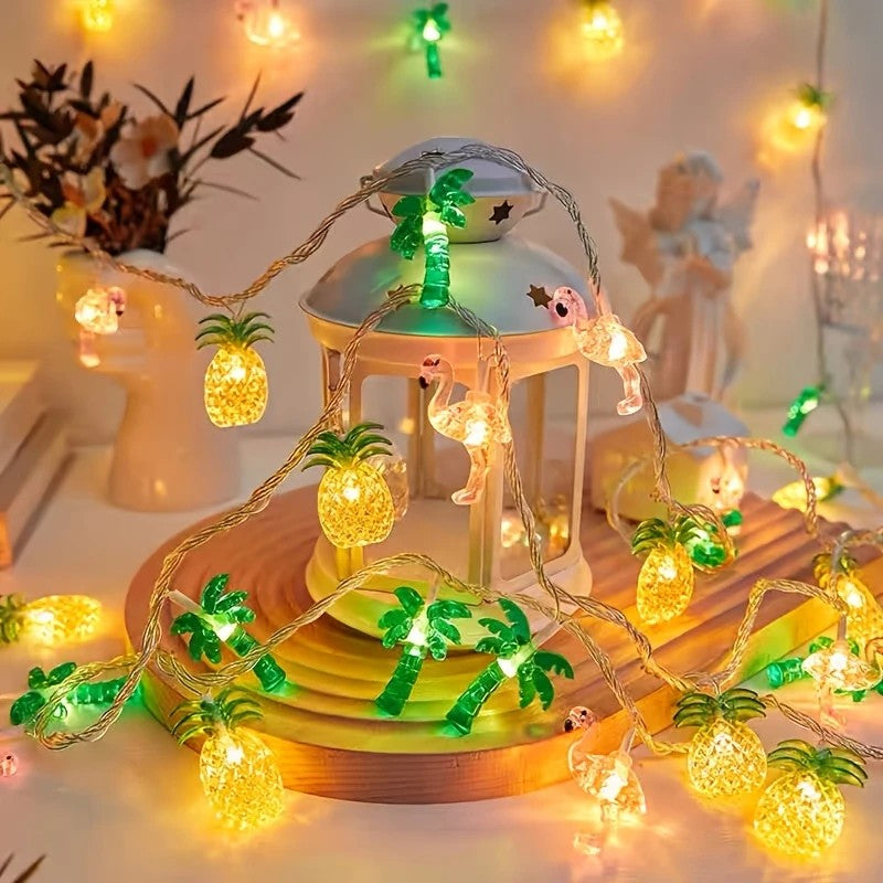1pc LED Flamingo Pineapple Palm Tree String Lights Battery Operated For Home Garden Tropical Beach Hawaiian Holiday Party Decor