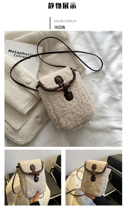 Fashion Winter Lambswool Phone Bag Sweet Lovely Portable Women Wallets Square Purse Faux Fur Plush Shoulder Bags Purses Handbags
