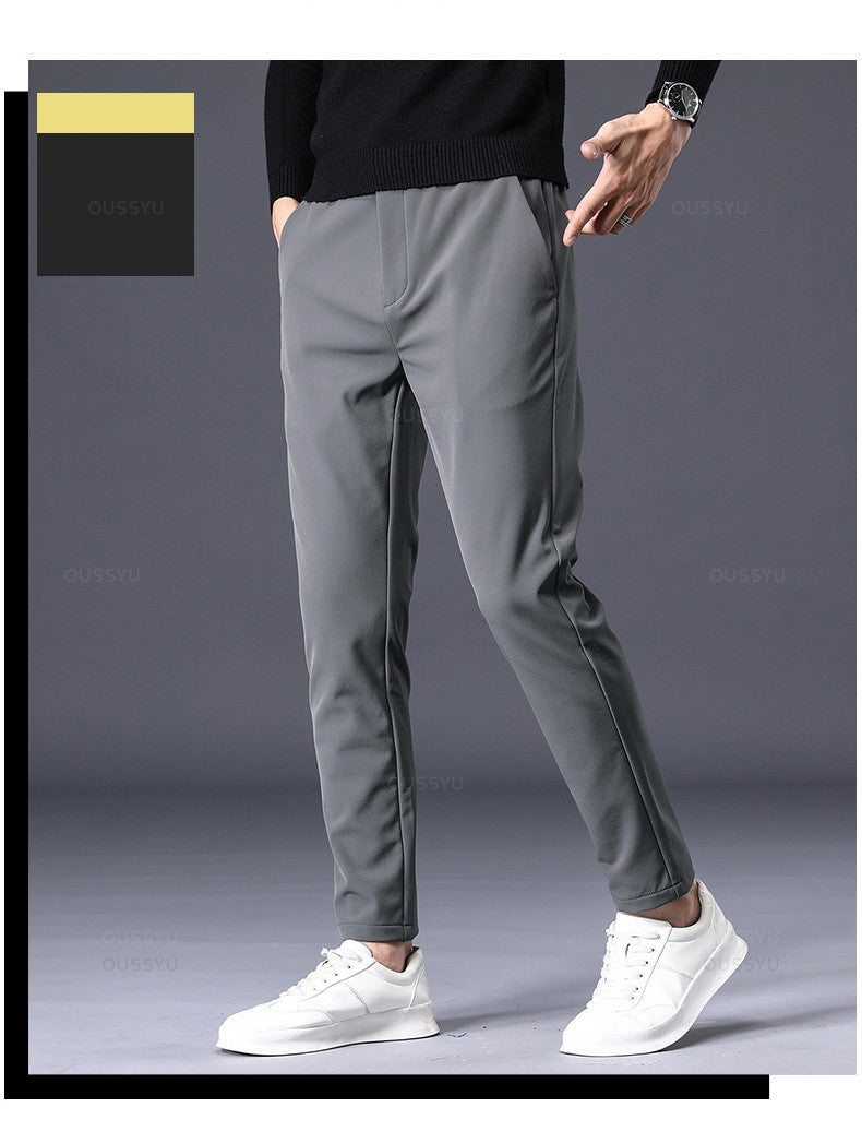Winter Warm Men's Fleece Pants Thick Business Stretch Slim Fit Elastic Waist Jogger Korean Classic Black Gray Blue Trousers Male
