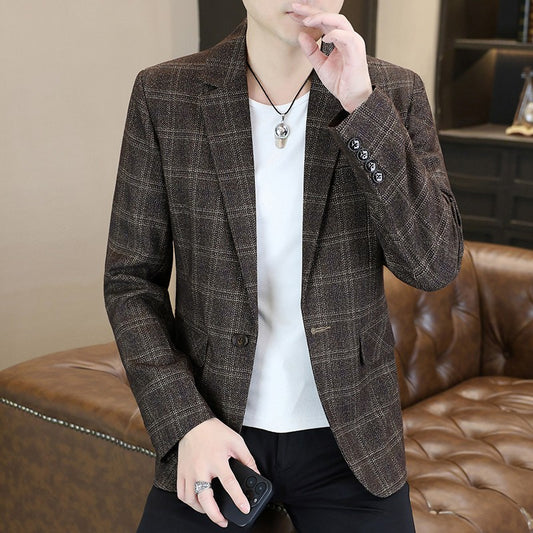 Blazer's New Men's Fashion Outdoor Travel Camping Youth Wedding Hosting Campus Slimming Casual Checkered Korean Version Blazer