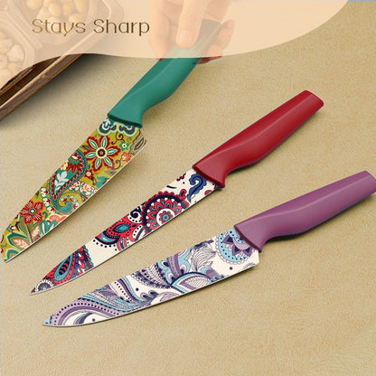 Conjunto de facas com padrão Paisley Astercook com capa, facas coloridas laváveis na lava-louças com 6 capas de faca, aço inoxidável alemão