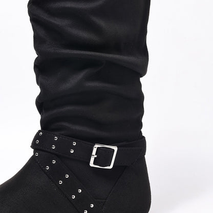Rivet side zipper buckle flat bottom fashionable solid color comfortable European and American ladies youth mid-calf boots