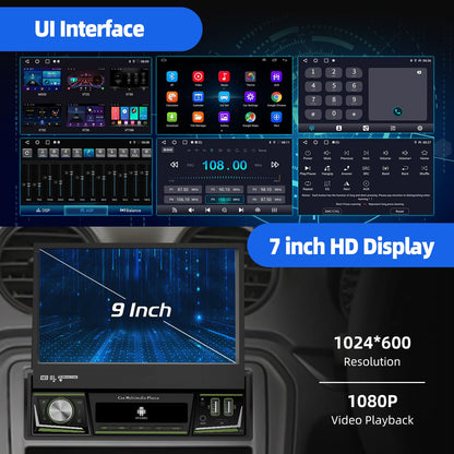 ESSGOO 1 DIN 7 Polegadas Flip Out Tela Touchscreen 4+64G Android 14 Rádio Estéreo Automotivo Apple Carplay GPS Navi Wifi FM RDS Bluetooth USB EQ