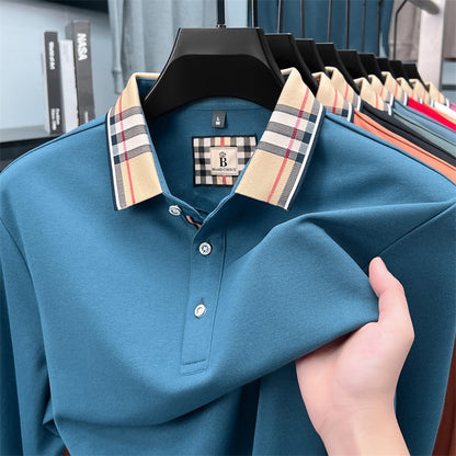 Luxury brand long sleeve polo shirt men comfortable casual autumn item silk cotton high-end Korean fashion plaid lapel T-shirt