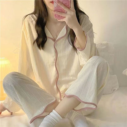 Ins style women's simple long sleeved long pants pajama set Spring/Autumn girl style solid color sweet cardigan home suit set