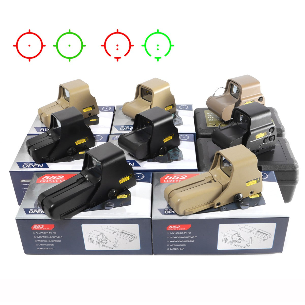 551 552 553 558 Mira Holográfica Ponto Vermelho Verde Luneta de Caça Reflex Sight Riflescope 20mm Montagem para Arma de Airsoft