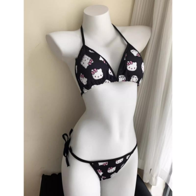 2Pcs Sanrio Cute Swimsuit Hello Kittys Girl Kawaii New Style Bikini Vacation Comfortable Two Piece Set Cartoon High End Gifts