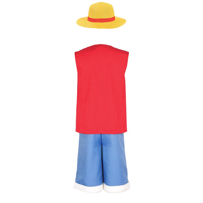 LUFEI cosplay costume set, pirate style red vest+blue shorts+straw hat, anime enthusiast cosplay event full outfit