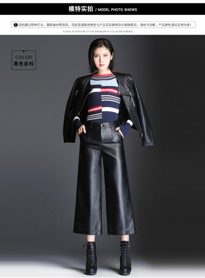 Pu wide leg pants capri women 2022 winter autumn high waist straight leather pants female trousers clothe pantalon femme
