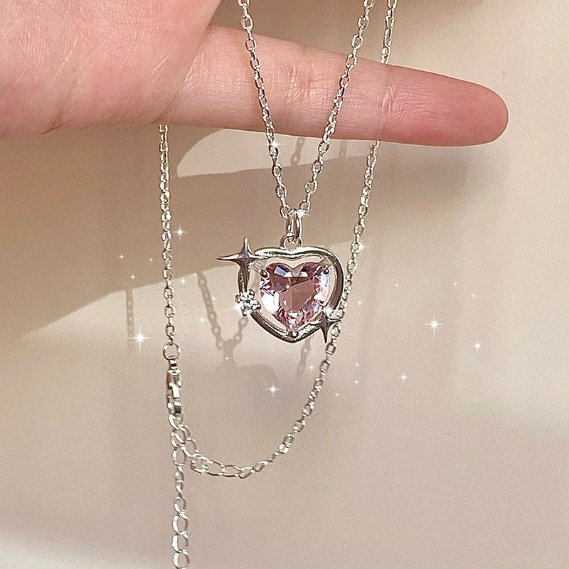 Colar coreano com pingente de laço de coração de cristal rosa, corrente prateada, para mulheres, joias estéticas para casamento