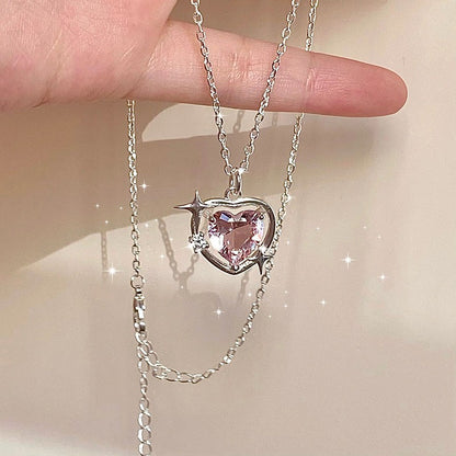Colar coreano com pingente de laço de coração de cristal rosa, corrente prateada, para mulheres, joias estéticas para casamento