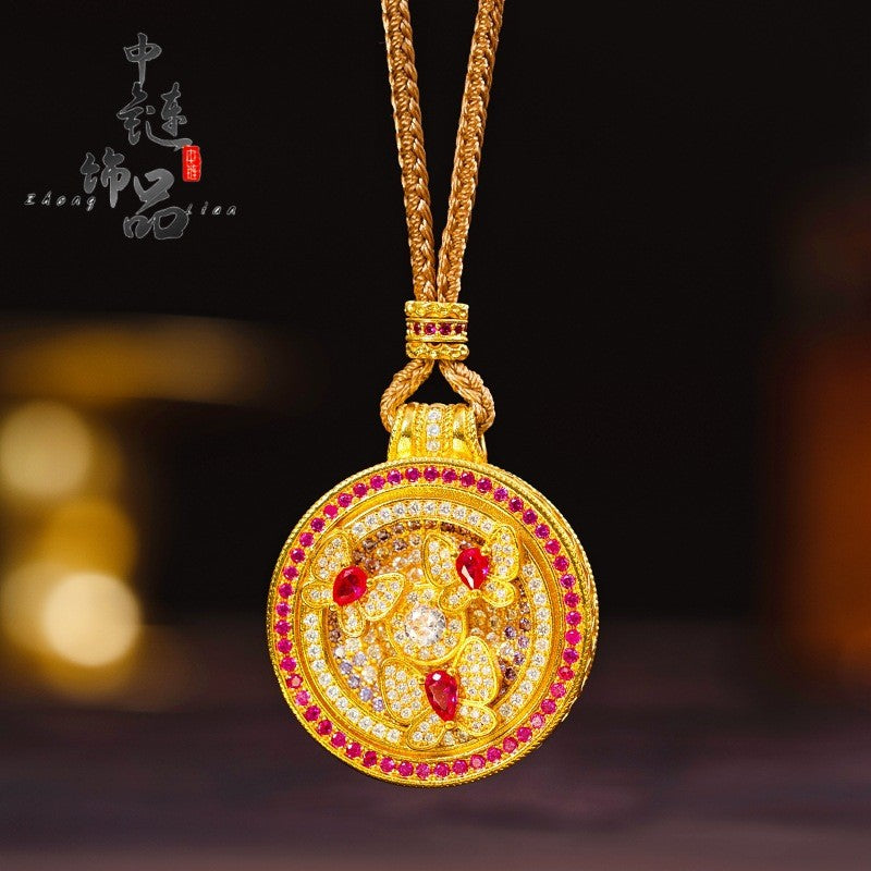 Luxury 9999 24K Solid gold certifid ancient method diamond garden butterfly compass pendant rotating compass pendant for women