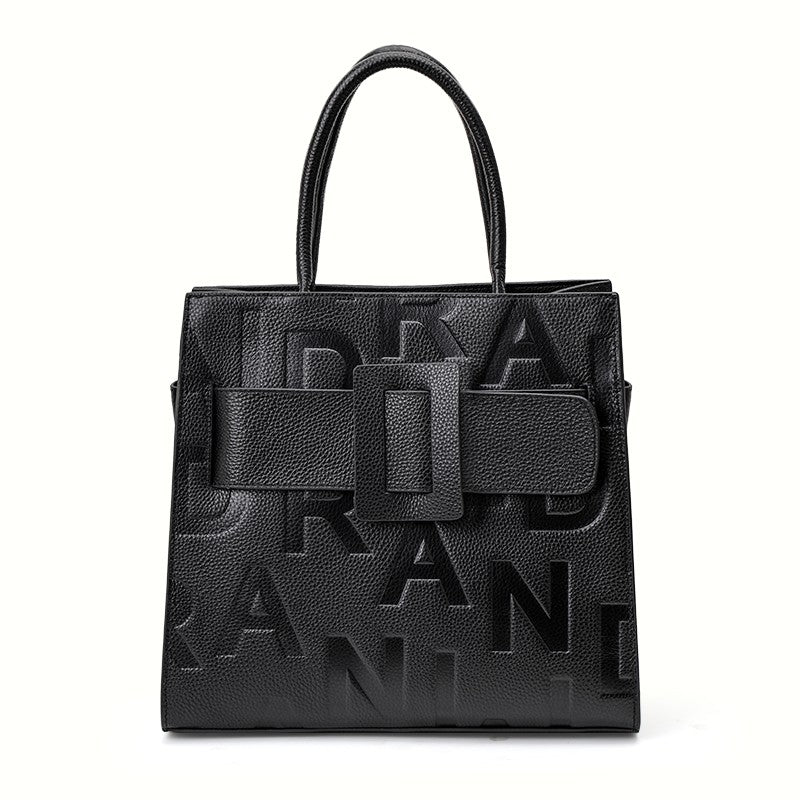 Aidrani women's large capacity handbag with letter print design, made of cowhide material, black