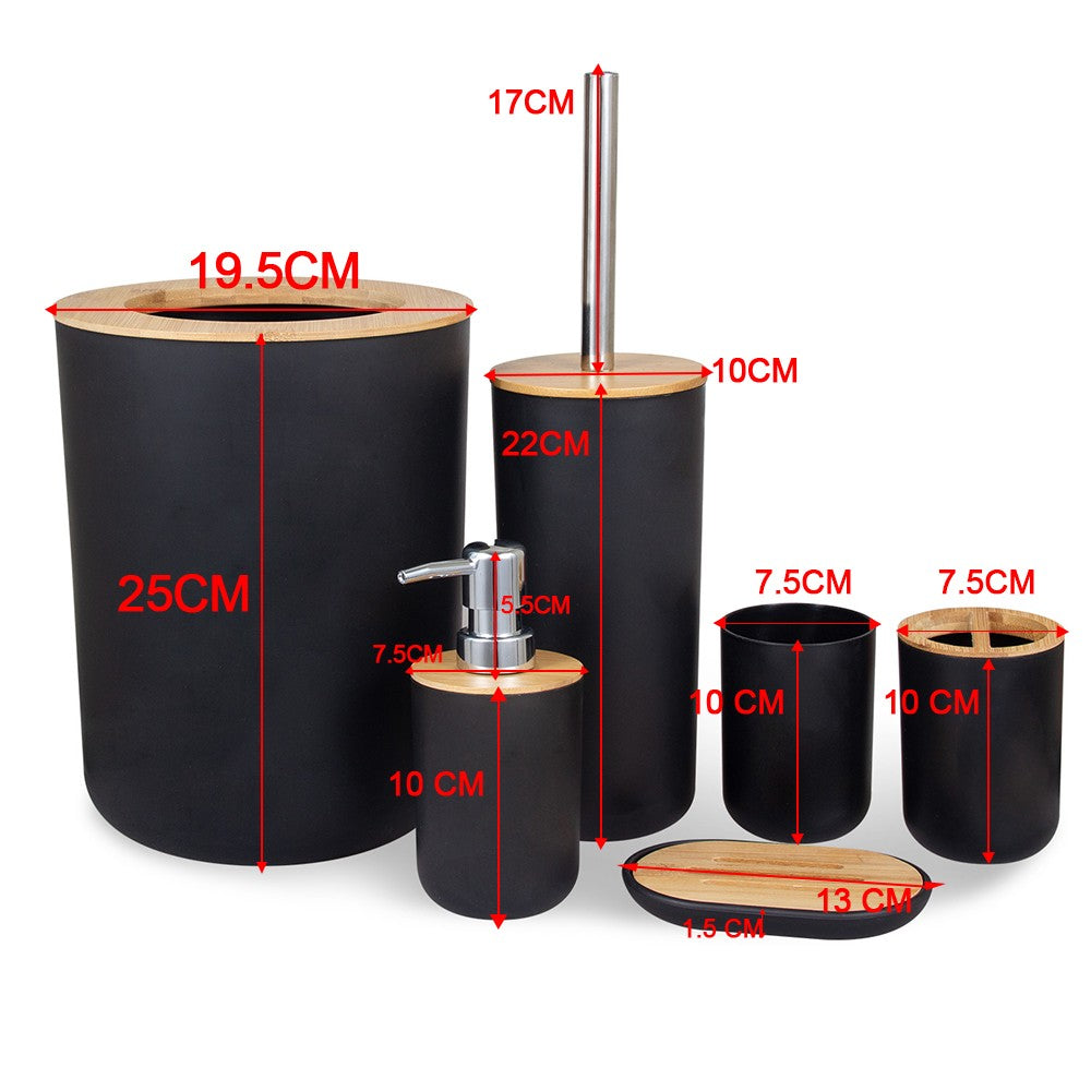 6 peças/conjunto caixa dispensadora de sabonete escova sanitária garrafa de loção lata de lixo bambu plástico conjunto de armazenamento de banheiro suporte para escova de dentes e copo