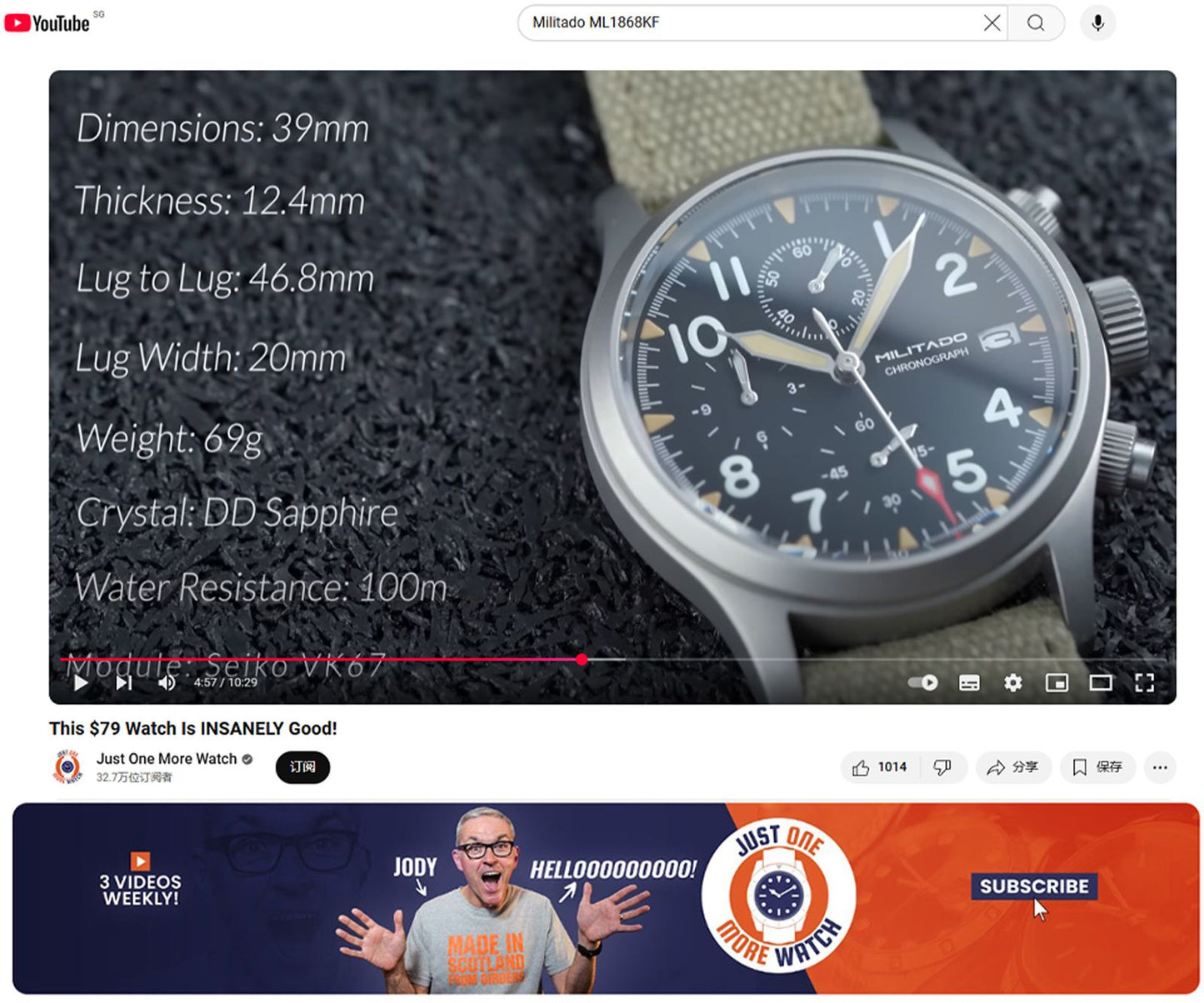 Militado ML1868KF Quartz 3 Dial Watch VK67 Chronograph Movement Luminous Watches Sapphire Glass 100m Water Resistance Wristwatch